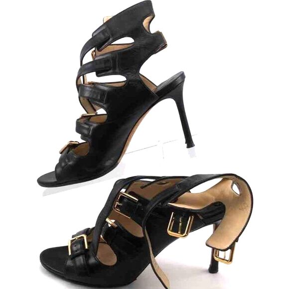 Jimmy Choo Black Trick Gladiator Multi Buckle Logo High Heel Sandals 38 (7.5) - Picture 1 of 6
